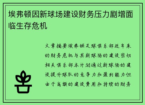 埃弗顿因新球场建设财务压力剧增面临生存危机